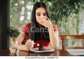 Woman Feeling Sick From Eating Chocolate Cake Young Person Having An Indigestion Experiencing A Vomiting Sensation Canstock