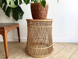 Wicker Accent Table Round Woven Rattan Side Table Bamboo Wicker Patio Furniture Vintage Wicker Table Rattan Side Table