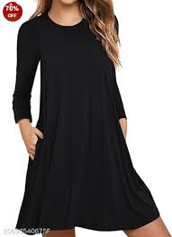 Round Neck Patch Pocket Plain Shift Dress Shirt Dress Black Shirt Dress Loose Dress