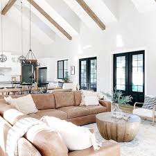 Living Room Inspiration With Round Wood Block Coffee Table Brown Leather Sectional Wooden Accent Cha Farm House Living Room Modern Farmhouse Living Room Home