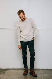 Black Pants And Brown Boots Men Cream Sweater Dark Green Corduroy Pants Brown Boots Mens Pants Fashion Smart Casual Menswear Mens Fashion Summer Outfits