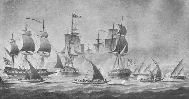 A depiction of Maratha grabs attacking an English ship in the early... | Download Scientific Diagram