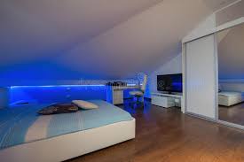 Sleepy baby led nursery light$17 now 12% off. Bedroom In Luxury Loft Apartment Shot In Low Light To Highlight The Atmosphere Of Blue Led Lights Stock Photo Image Of Cushion Decoration 62256854