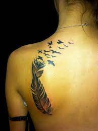 Feather Into Birds Tattoo On Back Shoulder Feather With Birds Tattoo Feather Tattoos Feather Bird Tattoo Shoulder