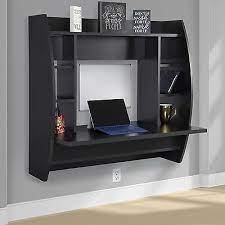 floating desk with storage wall mounted computer work station indoor home oak shelving unit