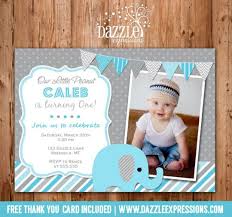 Invitation Card Design For 1st Birthday Party Boy Elephant First Birthday Photo Invitation Blue And Gray Printable Thank You Card Boy Birthday Invitations Photo Birthday Invitations Boys First Birthday Party Ideas
