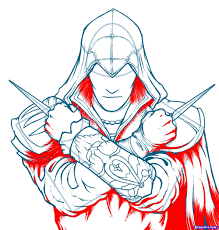 To create this character i have contrasted sharp edged geometric shapes with more gestural hand painted shapes originally painted in my sketchbook. How To Draw Ezio Assassins Creed Ezio Step By Step Video Game Characters Pop Culture Free Onl Assassins Creed Art Assassins Creed Artwork Assassins Creed