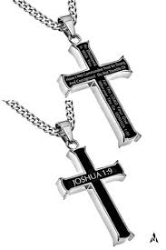 Men S Black Steel Cross Pendant Joshua 1 9 Bible Verse Necklace Curb Chain Bible Verse Necklace Mens Cross Necklace Cross Pendant