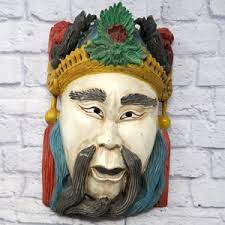 Vintage Carved Wood Mask Handmade Chinese Traditional Wall Decor Large Tall  Warrior Art