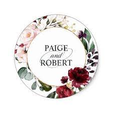 Floral Frame In Burgundy And Gold Classic Round Sticker Zazzle Com Floral Bridal Shower Bridal Shower Favors Burgundy And Gold