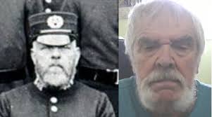 August 29, 1901~ Police Officer Clide Wallace is shown standing near his  colleague, Patsy Purcell. Both Wallace and Purcell are wearing their police  uniforms complete with their helmet style hats. Officer Wallace