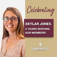 Today, we celebrate Skylar Jones' incredible 11 years with Champions First  Credit Union! She is a valuable part of our team, and we couldn't be more  grateful for her hard work. Thank