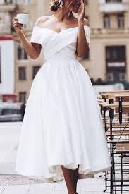 Discover 2021 tea length bridesmaid, bridal, mother of the bride dresses collection. Pleated Off The Shoulder White Prom Dress Tea Length Loveangeldress