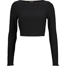 Black Boat Neck Crop Top River Island Black Textured Long Sleeve Crop Top 11 Liked On Polyvore Featuring Tops Crop Tops Shir Long Sleeve Crop Top Fashion Black Long Sleeve Shirt