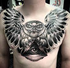 Greenlotustattoo Great Black Chest Tattoo Owl Holding The All Seeing Eye Evil Eye In Its Claws All Seeing Eye Tattoo Owl Tattoo Tattoos