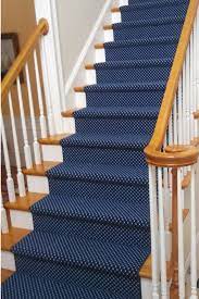 This Classic Navy Blue And White Dotted Stair Runner Sets A Crisp Tone On This Straight Staircase Blue Stair Runner Stair Runner Carpet Carpet Staircase