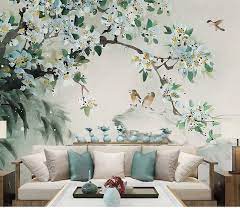 Oriental Ink Painting Wallpaper Wall Mural Flowers Birds Etsy Wall Wallpaper Painting Wallpaper Wallpaper Living Room