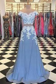 Light Blue Satin Two Pieces V Neck Off Shoulder Long Prom Dress With Short Sleeves Blue Lace Prom Dress Prom Dresses Lace Cap Sleeve Prom Dress