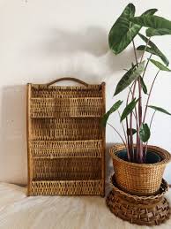 Vintage Woven Wicker Rattan Basket Wall Shelf Cabinet Three Tiered Shelf Decor Vintage Wall Decor Baskets On Wall Rattan Basket Vintage Wall Decor