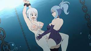 1futa 1girls animated arms above head ass blue eyes blue hair  blue theme bondage bouncing breasts breast jiggle breastless clothes  breasts chained clothed female nude female clothed sex crotchless