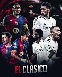 This picture perfectly captures the eternal rivalry, passion, and pride  that define El Clásico — the legendary battle between Real Madrid and FC  Barcelona ⚔️🔥⚽️💥 At the top, the white colors of