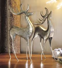 Antique Silver Metal Deer Duo Tabletop Sculpture Art Reindeer Sculpture Reindeer Decorations Antique Silver Metal