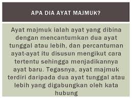 Tan kong joo pelajar sekolah., membaca buku ialah hobinya., cergas bermakna badan sihat., minum air boleh menghilangkan dahaga yang pengsan itu bernama sulaiman, gopal masih mempunyai datuk dan nenek., wanita yang berambut panjang itu ialah cikgu soon, kucing itu. Tatabahasa Ayat Majmuk Apa Dia Ayat Majmuk Ayat