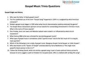 Printable song trivia quiz questions with answers about songs and singing. Gospel Music Trivia Questions Lovetoknow