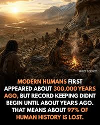 300,000 years of human existence. 6,000 years of written records. That means  294,000 years of our story happened without anyone writing it down. 97  percent of everything our species experienced, every discovery,