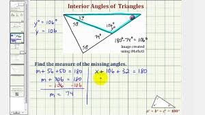 Missing angles in triangles knowing that a triangle contains 180° makes calculating the measure of a missing angle much simpler. Ex 2 Find The Measure Of An Interior Angle Of A Triangle Youtube
