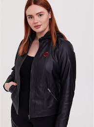 Her Universe Marvel Black Widow Black Faux Leather Hooded Jacket Leather Jacket With Hood Faux Leather Hooded Jacket Black Widow Marvel