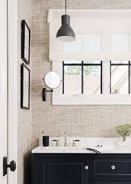 Black And White Neutral Bathroom Design With Grasscloth Wallpaper By Coley Cuttino Interi Neutral Bathroom Decor Neutral Bathrooms Designs Black Bathroom Decor