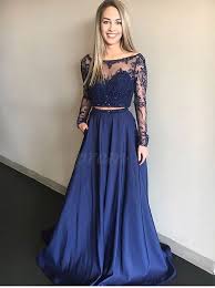 Two Piece Bateau Long Sleeves Dark Blue Prom Dress With Beading Pockets Prom Dresses Long With Sleeves Two Piece Evening Dresses Prom Dresses Long Lace