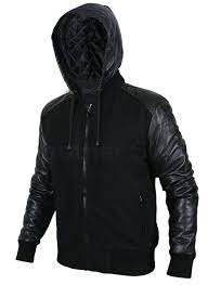 Men Black Hooded Jacket With Leather Sleeves Black Hooded Jacket Leather Jacket Men Best Leather Jackets