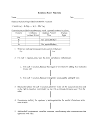 Balancing of a redox reaction by ion electrons method : Oxidation Reduction Reaction Worksheet