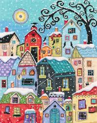 Counted Cross Stitch Kit Rto Snow Falling City Canvas Art Whimsical Art Folk Art Painting