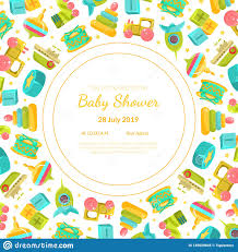 Baby Shower Invitation Template Card With Baby Toys And Place For Your Text Gender Neutral Vector Illustration Stock Vector Illustration Of Announcement Decoration 145629045