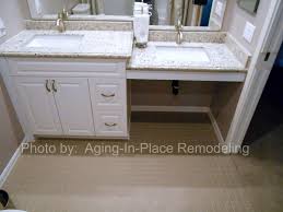 Finished with the soft, ash brown vanity features a single slab door and is decorated with satin nickel pull for an altogether, unified presentation ideal for the modern home. Accessible Sink Aging In Place Remodeling