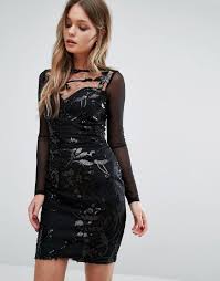 Lipsy Sequin Patterned Dress With Mesh Long Sleeve Black Long Sleeve Mesh Dress Dresses Long Sleeve Bodycon Dress