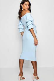 Women S Maternity Off Shoulder Detail Midi Dress Boohoo Uk Stylish Maternity Dress Blue Maternity Dress Dresses