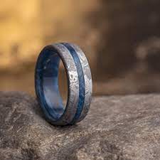 Blue Men S Ring With Gibeon Meteorite Colorful Wedding Band 3857 Blue Mens Rings Rings For Men Blue Rings