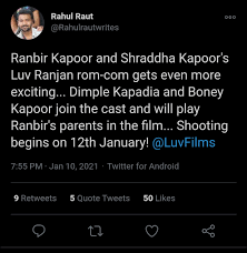 Untitled luv ranjan's project full movie online. Follow Up Further Confirmation To Boney Kapoor Starring In Rk Shraddha Luv Ranjan Movie Rahul Raut Film Trade Analyst Entertainment Journalist Ranbirkapooruniverse