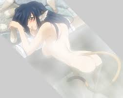 nakamura kazuhisa, karulau, aquaplus, utawarerumono, anime screenshot,  highres, 00s, 1girl, alcohol, animal ears, ass, back, bath, blue eyes, blue  hair, blush, breasts, collar, female focus, large breasts, long hair,  matching haireyes, nude,