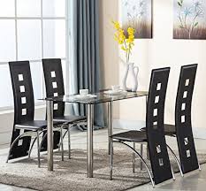 Eight24hours 5 Piece Glass Dining Table Set 4 Leather Chairs Kitchen Room Breakfast Furniture Glass Dining Table Set Dining Room Table Set Glass Dining Table