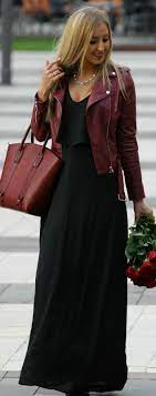 Bordeaux Biker Jacket Black Maxi Dress Fall Inspo Black Maxi Dress Outfit Maxi Outfits Maxi Dresses Fall