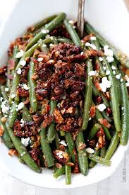 Dijon Maple Green Beans With Caramelized Pecans Bacon Feta Maple Bacon Green Beans Green Bean Recipes Stovetop Thanksgiving Sides