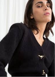 & Other Stories Black Wool Mohair Blend Cardigan Sweater Gold Dinosaur V  Neck XS