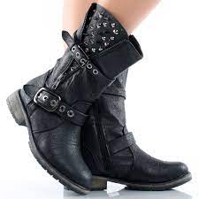 Black Spike Studded Punk Biker Motorcycle Women Flat Mid Calf Boots Boots Womens Boots Flat Black Biker Boots