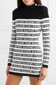 Black Button Embellished Striped Intarsia Stretch Knit Mini Dress Balmain Knit Mini Dress Clothes Design Button Embellished