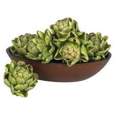 Basket of fruit and vase with carnations, and shells on a table. Nearly Natural 5 Artichoke Set Of 6 Target